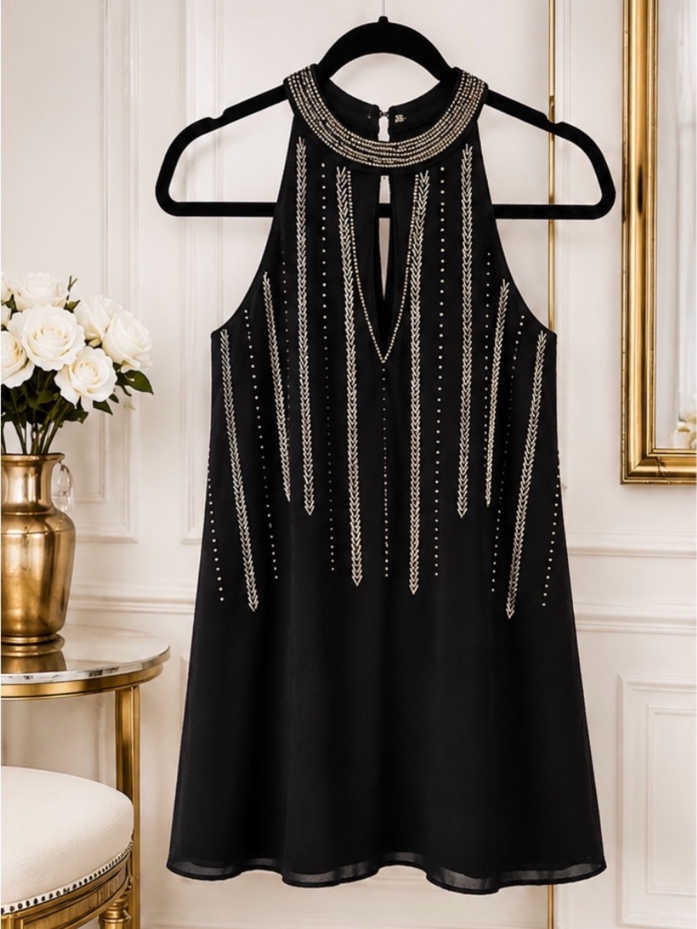 a'gaci Black Beaded Halter Mini Dress